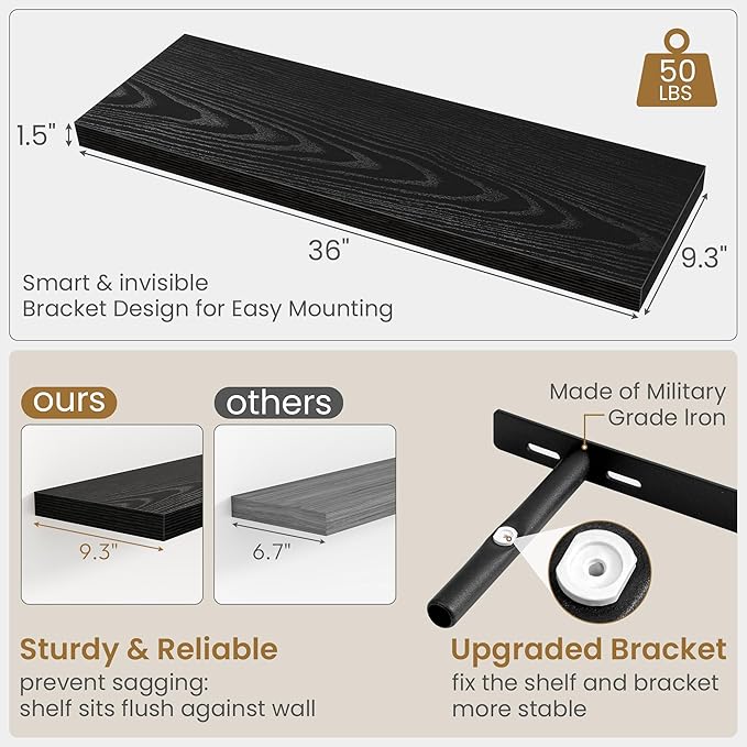 Fun Memories 36 Inch Floating Shelves in Black, 9.3 Inch Deep Floating Shelf for Bathroom Living Room Kitchen, Rusitc Wall Mounted Bathroom Shelves 2 Pack, Heavy-Duty Deep Shelf for Books Decor