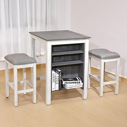 3-Piece Wooden Dining Table Set, Kitchen Island with Seating for 2, Kitchen Bar Table with Stools, Counter Height Dining Table Set, Rustic Gray Antique White, Farmhouse Style