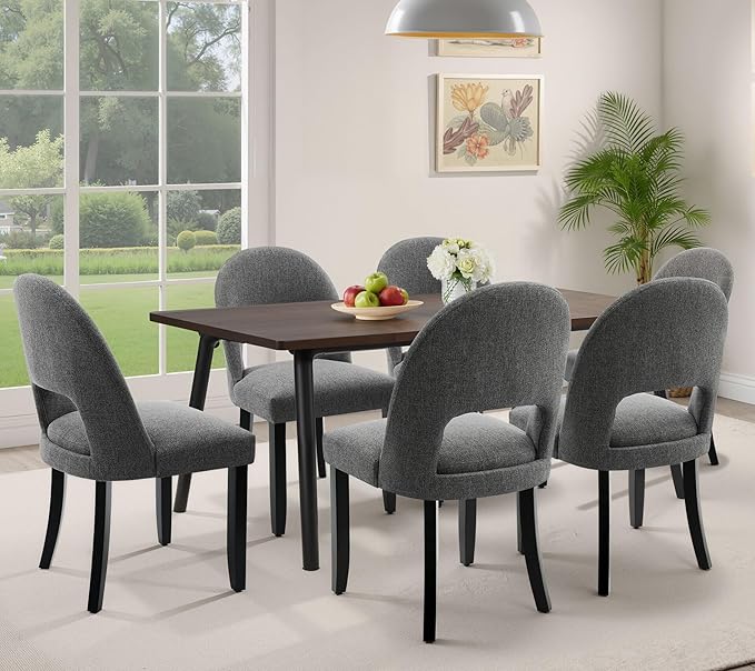 Dining Chairs Set of 6, Modern Farmhouse Upholstered Kitchen Chairs, Wooden Dining Room Chairs with Grey Linen Fabric