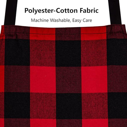 Jubatus 1 Pack Buffalo Check Apron with 2 Pockets Adjustable Bib Chef Kitchen Aprons for Men and Women, Red & Black