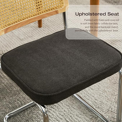 Rattan Back Linen Dining Chair Set of 4 Modern Breuer Designed Stainless Chrome Base Armless Upholstered Dining Chair for Dining Room, Kitchen Island(Black)