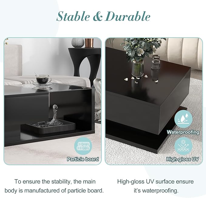 Modern Coffee Table with Tempered Glass, Wooden Cocktail Table with High-Gloss UV Surface, Modernist 2-Tier Rectangle Center Table for Living Room, Black