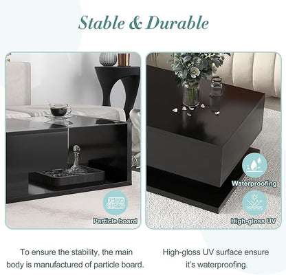 Modern Coffee Table with Tempered Glass, Wooden Cocktail Table with High-Gloss UV Surface, Modernist 2-Tier Rectangle Center Table for Living Room, Black