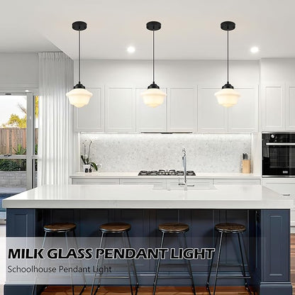 Black Schoolhouse Light Fixture 8" Milk Glass Pendant Light Schoolhouse Pendant Light Milk Glass Light Fixture Mid Century Pendant Light for Bedroom Bathroom Kitchen Hallway (Bulb Incl.)