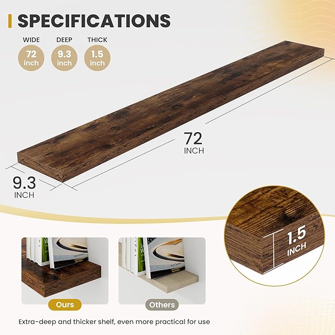 Acovy 72 Inch Floating Shelves, 9.3" Deep Floating Shelf Wall Mounted, 72" Wall Shelves, Rustic Deep Bookshelf, Large Display Shelves & Storage Shelves for Bedroom, Living Room, Brown, Set of 1
