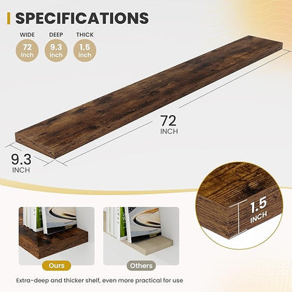 Acovy 72 Inch Floating Shelves, 9.3" Deep Floating Shelf Wall Mounted, 72" Wall Shelves, Rustic Deep Bookshelf, Large Display Shelves & Storage Shelves for Bedroom, Living Room, Brown, Set of 1