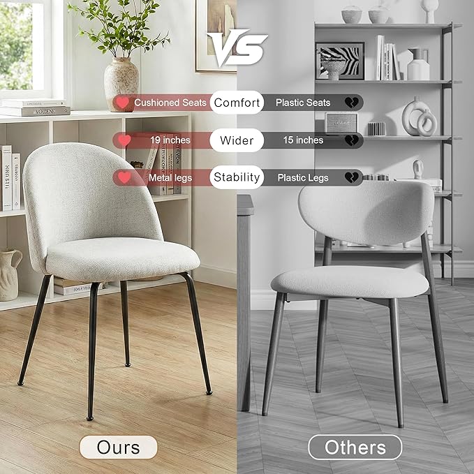 Casaphoria Dining Chairs Set of 2, Modern Gray and Black Upholstered Accent Chairs with Metal Legs, Ergonomic Comfy Vanity Chair for Kitchen, Living Room, and Bedroom