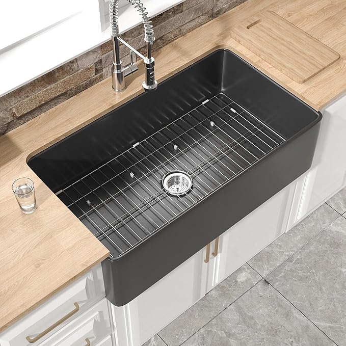 Extra Large Black Farmhouse Sink 36 x 20 Inch, Firecaly Apron Front Undermount Farm Sink Deep Single Bowl for Kitchen, w Accessories 2 Types, Fits MIN. Cabinet Size: 24"Dx39"W