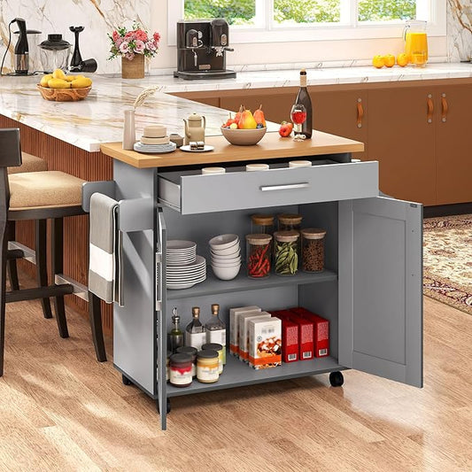 Giantex Kitchen Island, Rolling Kitchen Cart with Spice and Towel Rack, Large Drawer & 2-Door Storage Cabinet, Home Service Cart on Lockable Wheels, Wood Kitchen Trolley, Spacious Tabletop (Gray)