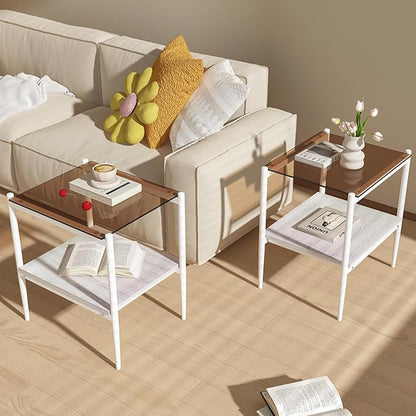 Set of 2 Glass End Table, 2-Layer Glass Living Room Table, Modern Tea Table Side Tables for Home Office Furniture