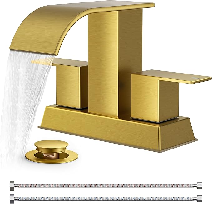 FORIOUS 4 Inch Centerset Brushed Gold Bathroom Faucet, 2 or 3 Hole Waterfall Square Bathroom Sink Faucet with Metal Pop-up Drain and Supply Lines, Two Handles for Vanity, Lavatory Room,Pedestal