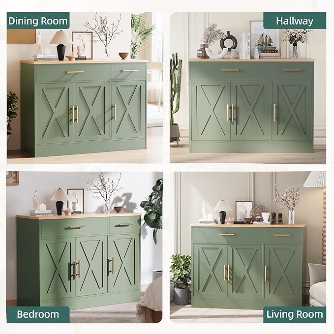 Shintenchi 3 Doors Farmhouse Sideboard Buffet Cabinet,42" Barn Doors Buffet with Storage,Wood Coffee Bar Cabinet with Adjustable Shelf for Kitchen,Living Room,Green