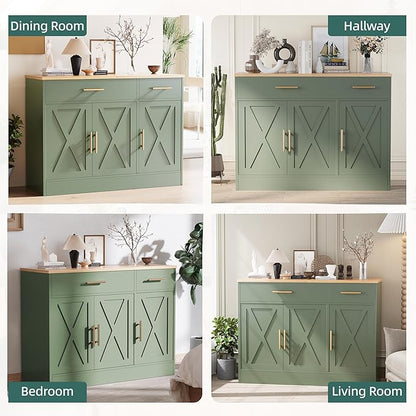 Shintenchi 3 Doors Farmhouse Sideboard Buffet Cabinet,42" Barn Doors Buffet with Storage,Wood Coffee Bar Cabinet with Adjustable Shelf for Kitchen,Living Room,Green