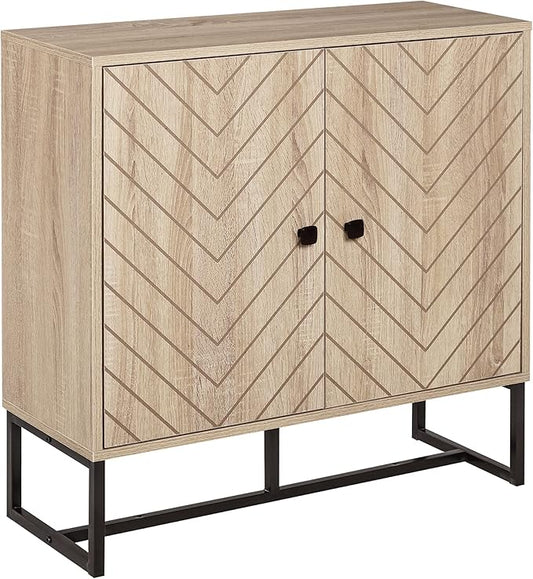 HOMCOM Modern Sideboard, Buffet Cabinet with 2 Chevron Doors and Adjustable Shelf, Kitchen Storage Cabinet with Steel Base, Coffee Bar Cabinet, 31.5" H, Oak