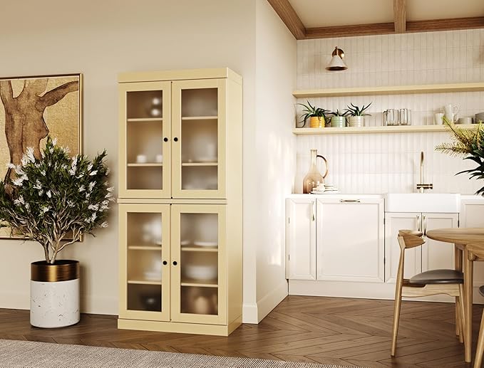 Palace Imports 100% Solid Wood Kitchen Pantry w/ 4 Frosted Glass Doors, Yellow, 32" w x 71.5" h, Renewable Eco-Friendly Wood, Made in Brazil