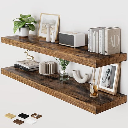 RICHFOCUS Deep Floating Shelves for Wall 2 Pack 12" D 48 Inch Wall Shelves for Room Wall|Wood Hanging Shelf with Invisible Brackets for Bathroom Bedroom Kitchen Laundry Room, Rustic Brown