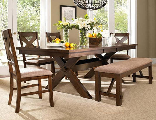 Roundhill Furniture Karven Cross Back Upholstered Dining Chairs in Dark Hazelnut Finish, Set of 2