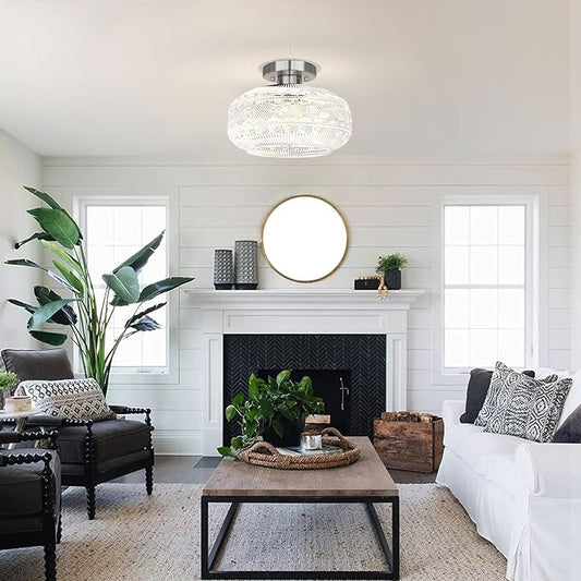 Semi Flush Mount Light Fixture, Brushed Nickel Hallway Lights, Globe Glass Ceiling Lamp, Industrial Kitchen Farmhouse Lighting for Entryway Bathroom Bedroom, Bulb Not Included