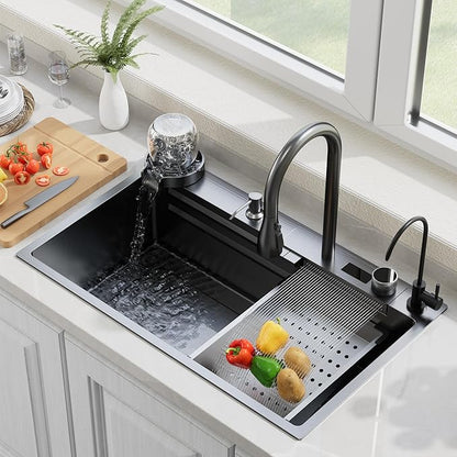 Smart Waterfall Kitchen Sink 31.5 Inch, Black Stainless Steel Workstation Sink with Digital Display Faucet, Drop In Single Bowl Kitchen Sink with Accessories, Modern Deep Kitchen Sink