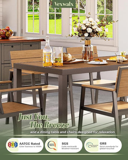 Vexwalx 7-Piece Outdoor Dining Set, Aluminum Dining Table Set for 6, Patio Table and Chairs Set with Umbrella Hole, All Weather HDPS Outdoor Table and Chairs for 6 (Gray-Teak)