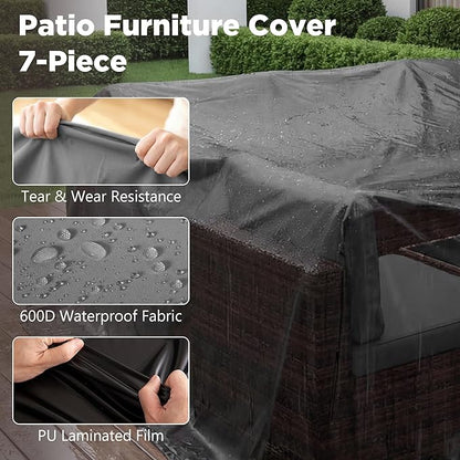 LHBcraft Patio Furniture Set with Rain Cover,7 Pieces Outdoor Wicker Rattan Patio Furniture, Wicker Rattan Outdoor Sectional Sofa Set with Coffee Table for Garden, Poolside Taupe-Grey