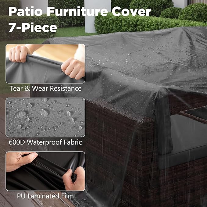 LHBcraft 7 Pieces Outdoor Wicker Rattan Patio Furniture with Rain Cover, Wicker Rattan Outdoor Sectional Sofa Set with Coffee Table & Gery Cushions for Garden, Poolside