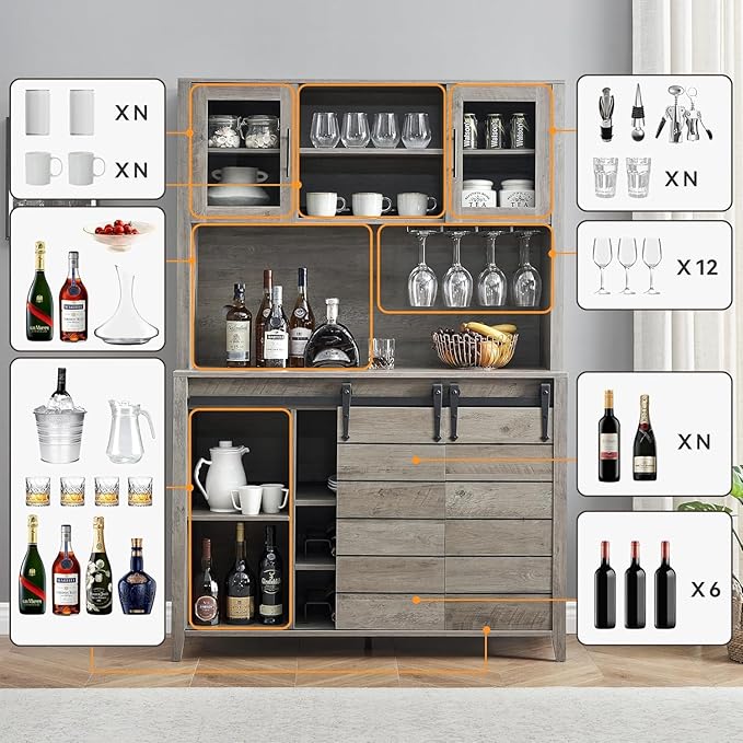 IDEALHOUSE 70'' Wine Coffee Bar Cabinet with Storage Hutch, Tall Kitchen Pantry Liquor Cabinet with Sliding Barn Doors, Bottle Glasses Rack, Farmhouse Buffet for Home Dining Room, Gray