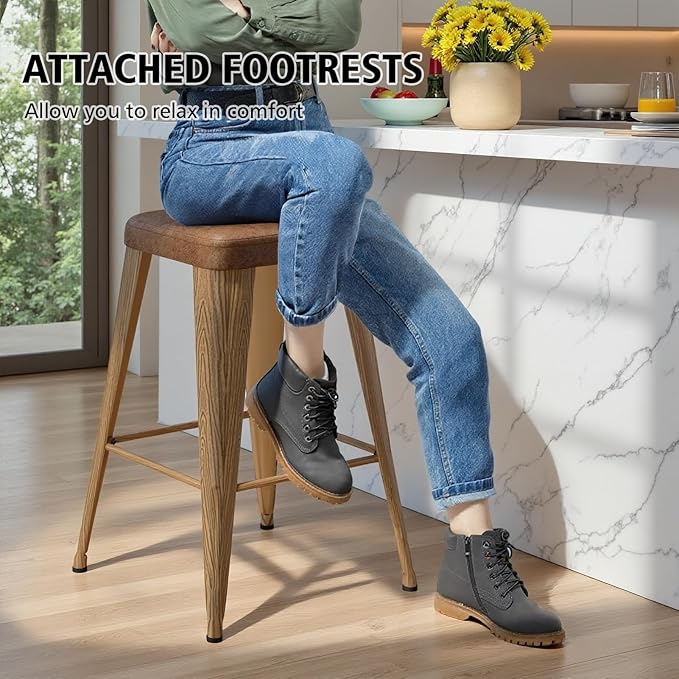 Backless Bar Stools Set of 4, Upholstered Faux Leather Counter Height Stools with Sturdy Metal Legs, 30 Inch Barstools for Kitchen Island (Walnut)