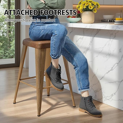 Backless Bar Stools Set of 4, Upholstered Faux Leather Counter Height Stools with Sturdy Metal Legs, 30 Inch Barstools for Kitchen Island (Walnut)