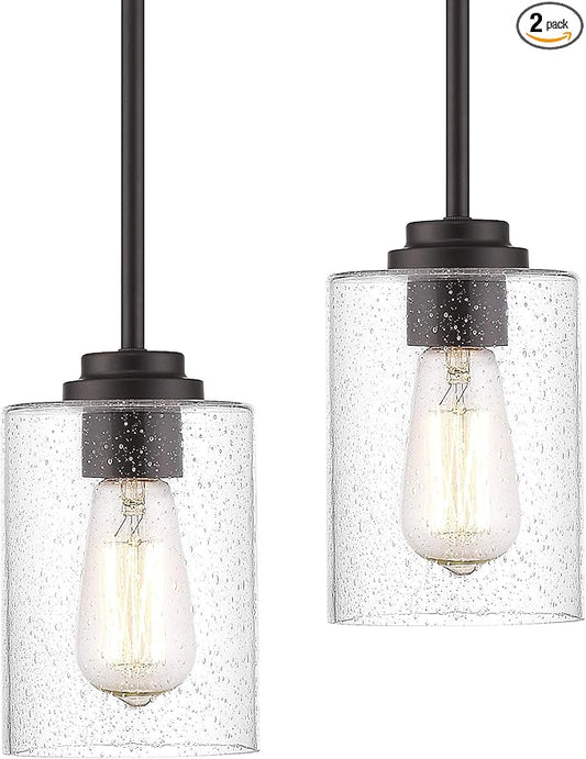 Beionxii Glass Pendant Light | Farmhouse Mini Pendant Lighting for Kitchen Island Dining Room Over The Sink, Oil Rubbed Bronze with Bubble Glass - DMD9002-1H/2PK