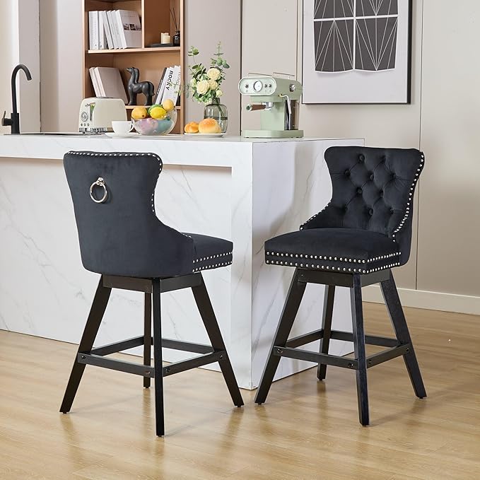 DONICK Velvet Swivel Counter Height Bar Stools,Modern Upholstered Bar Chairs Nailhead Backrest Pull Ring Solid Wood for Bar,Kitchen Island,Pub,Dining Room,Cafe(Black,Set of 6)