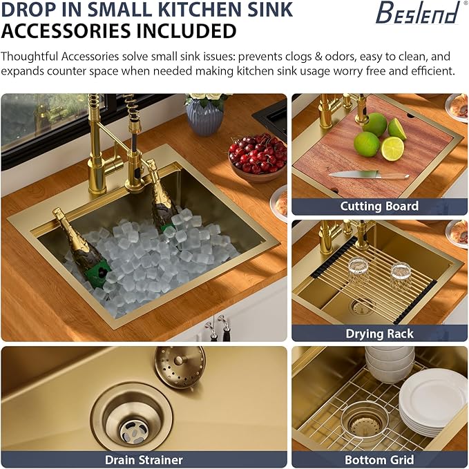 21 Outdoor Kitchen Sink Gold - Beslend 21x20 Gold Outdoor Sink Bar Sink RV Sinks Drop In, Topmount Stainless Steel Kitchen Sinks Workstation 16 Gauge Single Bowl Above Counter Indoor Outdoor