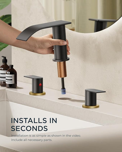 FORIOUS Bathroom Faucets, Waterfall Bathroom Sink Faucet with Metal Pop up Drain and cUPC Hose for Basin, Vanity, RV, Pedestal 2 or 3 Hole Sink, 8 Inch Widespread, Black and Gold