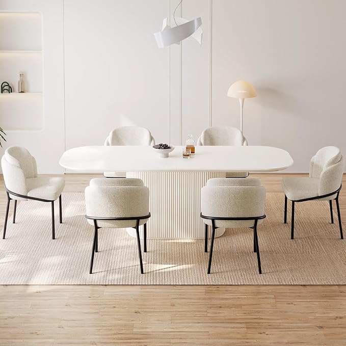 Miuuod 86.61" Dining & Kitchen Table Set,Solid Kitchen Table with 6 Chairs,Large Oval Dinner Table with Rounded Corners for Dining Room,Living Room Furniture,Cream White