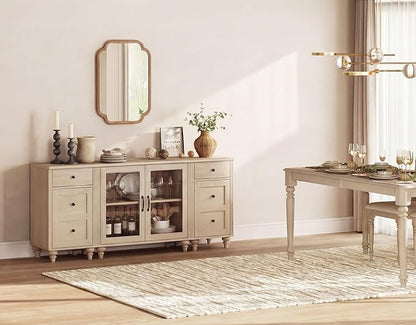 WAMPAT Sideboard Buffet Cabinets with Glass Door, Kitchen Storage Cabinets, Wood Coffee Bar Tables, Accent Sideboard Storage Cabinet Table Dining Room, Living Room,Beige