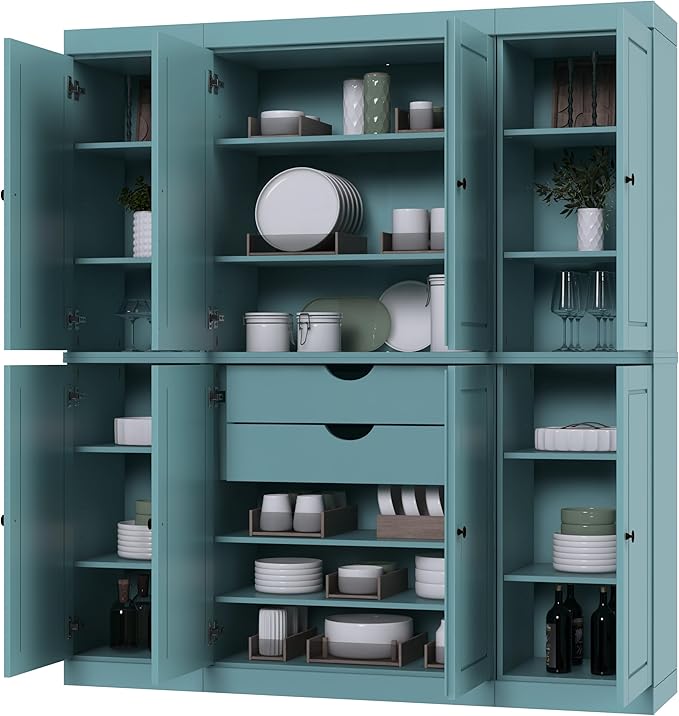 Palace Imports Solid Wood Pantry Cabinet - 71.5" Tall, 65" Wide Freestanding Cupboard Organizer with 2-Drawer Kit & Adjustable Shelves – Aqua, Renewable Eco-Friendly 100% Wood, Made in Brazil