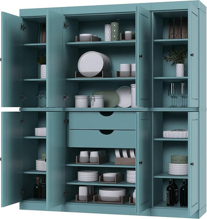 Palace Imports Solid Wood Pantry Cabinet - 71.5" Tall, 65" Wide Freestanding Cupboard Organizer with 2-Drawer Kit & Adjustable Shelves – Aqua, Renewable Eco-Friendly 100% Wood, Made in Brazil