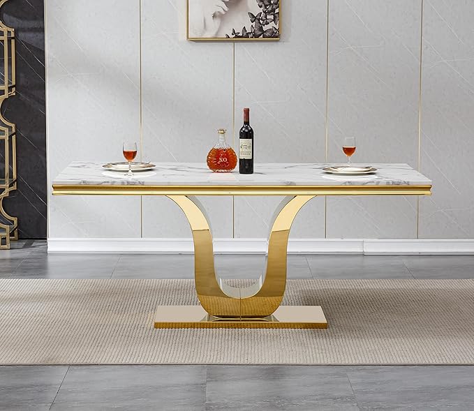 Henf 68" Modern Dining Table for 6, White Marble Kitchen Dining Room Table for 8, Large Rectangular Faux Marble Top and Gold U-Shape Steel Base, Rectangle Pedestal Table for Kitchen, Dining Room