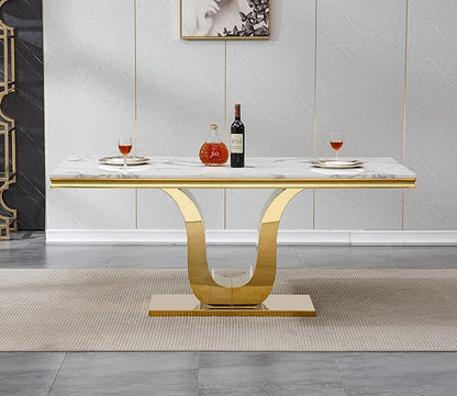 Henf 68" Modern Dining Table for 6, White Marble Kitchen Dining Room Table for 8, Large Rectangular Faux Marble Top and Gold U-Shape Steel Base, Rectangle Pedestal Table for Kitchen, Dining Room