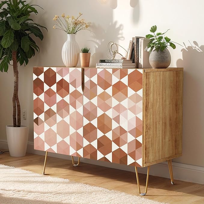 SIGNWIN Sideboard Buffet Cabinet, Kitchen Storage Cabinet with 2 Doors, Brown Pastel Mid-Century Polygons, Cupboard Console Table for Dining Room - 35" L x 18" W x 29" H
