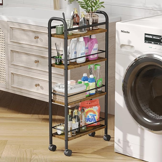 Asgolion Slim Storage Cart, 4-Tier Small Rolling Cart with Wheels, 5.9" Deep, Narrow Bathroom Shelf Trolley for Kitchen, Bathroom, Laundry Room, Rustic Brown Standard 4-Tier (5.9" W x 33.6" H)