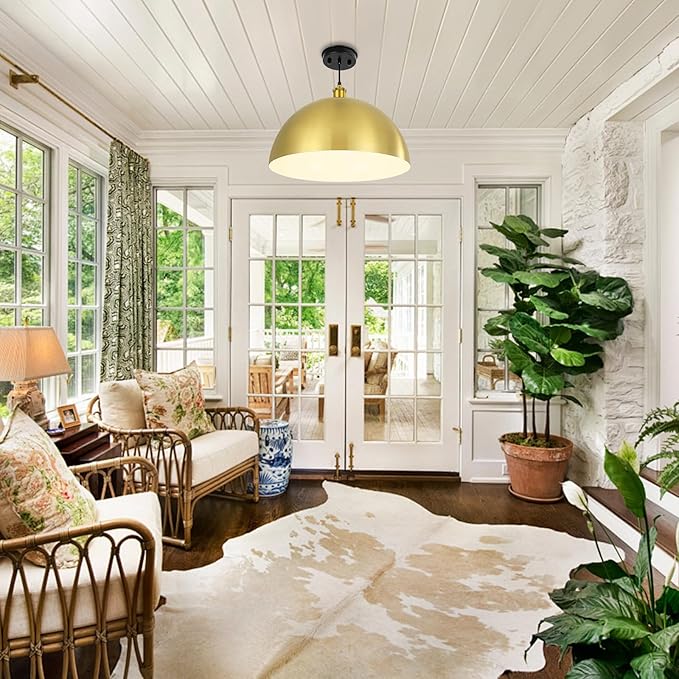 Gold Pendant Light, 20" Farmhouse Ceiling Light with Gold and White, Elegant Semi-Circular Shade Design, Adjustable Height Industrial Dome Pendant Lights for Kitchen Island, Dining Room