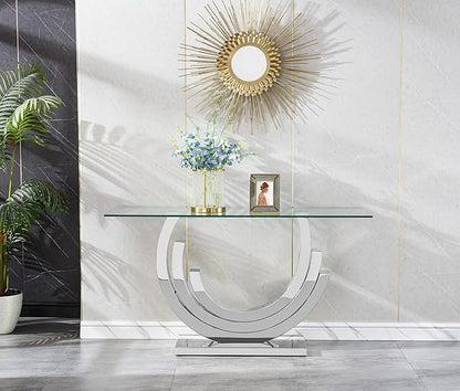 HomVent 55.12" Glass Console Table, Living Room Entry Tables, Modern Narrow Silver Tempered Glass Top Side Tables Bedroom, Rectangle Bedside Eating Tables for Home Office with Stainless Steel Base