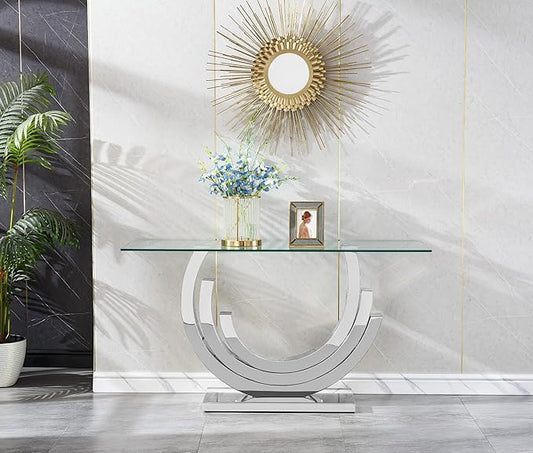 HomVent 55.12" Glass Console Table, Living Room Entry Tables, Modern Narrow Silver Tempered Glass Top Side Tables Bedroom, Rectangle Bedside Eating Tables for Home Office with Stainless Steel Base