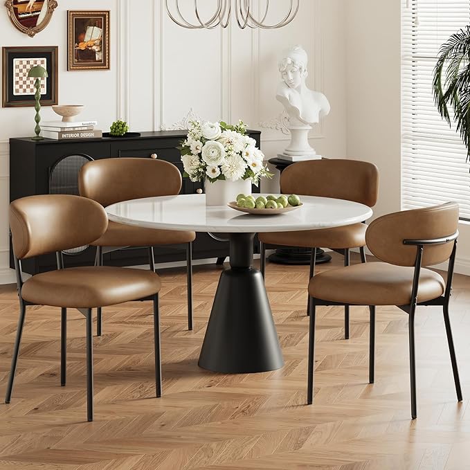Upholstered Dining Chairs Set of 4, Modern Faux Leather Kitchen Chairs with Curved Backrest and Cushioned Seat, Sturdy Metal Legs, Comfortable Accent Chairs for Kitchen Dining Room, Living Room,Brown