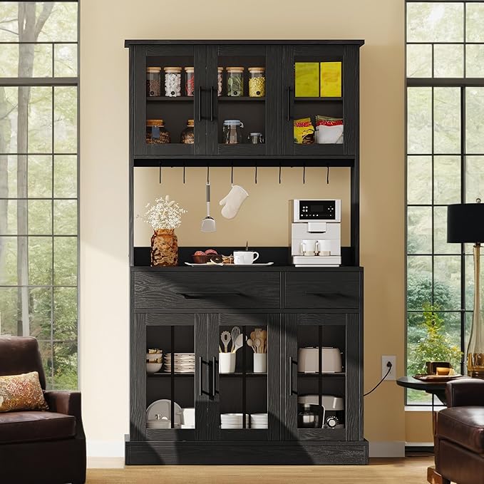 DWVO 2-Pack Kitchen Pantry Storage Cabinet Set, 71'' Tall Coffee Bar Cabinets with Microwave Stand and Power Outlet, Glass Door Kitchen Hutch with Drawers ＆ Shelves for Home Living Dining Room, Black