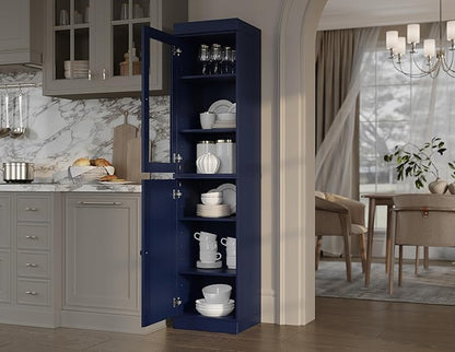 Palace Imports Solid Wood Kitchen Pantry - Narrow Storage Cabinet - 16.5" Wide x 71.5" Tall - 1 Raised Panel & 1 Glass Door, Navy Blue, Adjustable Shelves, 100% Eco-Friendly Wood, Modular Cabinets