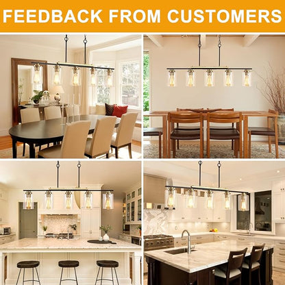 34" Dining Room Light Fixture/Chandelier Over Table, 5-Light Black and Gold Kitchen Island Lighting with Clear Glass Shade, Modern Hanging Pendant Lights Fixture for Kitchen Island Dining Room