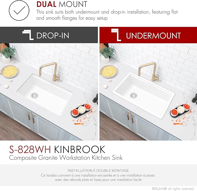 Stylish 28 x 18 Inch Composite Granite Workstation Kitchen Sink, Single Bowl Under Mount & Drop in, 9.5 in Deep, with Bamboo Cutting Board, Roll-Up Drying Rack, Colander & Strainer, White, S-828WH