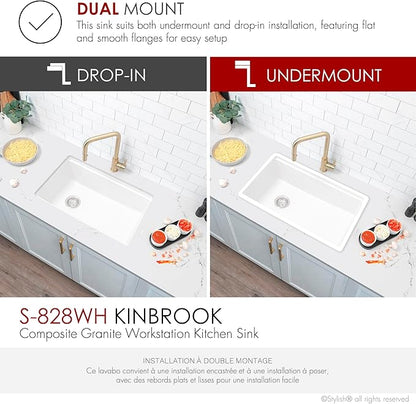 Stylish 28 x 18 Inch Composite Granite Workstation Kitchen Sink, Single Bowl Under Mount & Drop in, 9.5 in Deep, with Bamboo Cutting Board, Roll-Up Drying Rack, Colander & Strainer, White, S-828WH